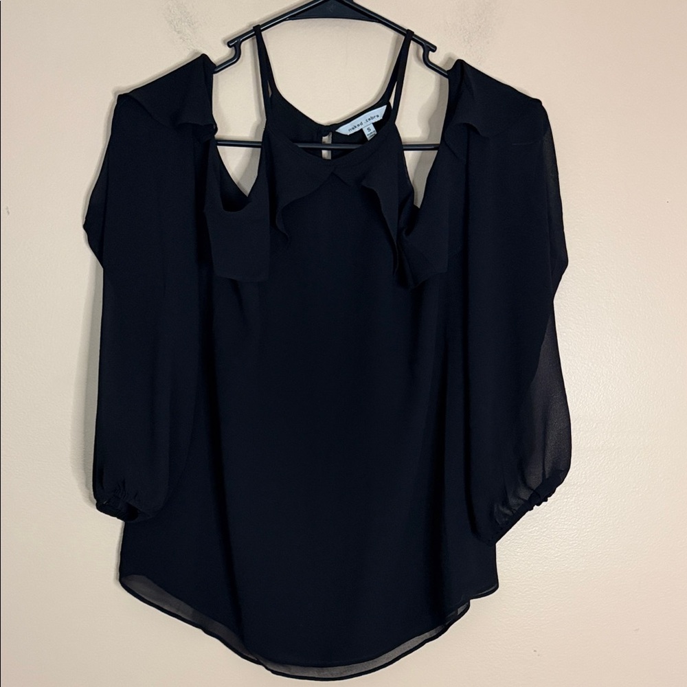 Naked Zebra Black Cold-Shoulder Ruffle Blouse